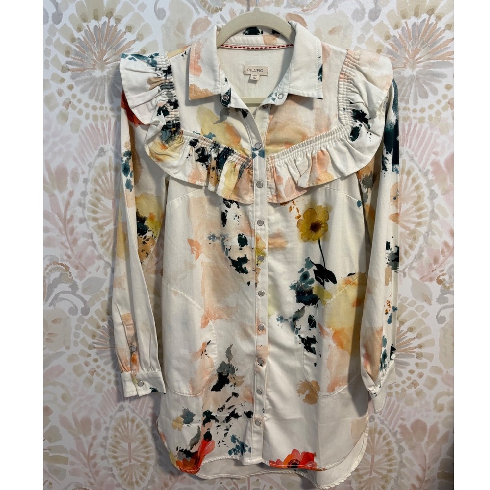 NWT Pilcro Long-Sleeve Ruffled Denim Mini Shirtdress | XXS - Picture 4 of 8